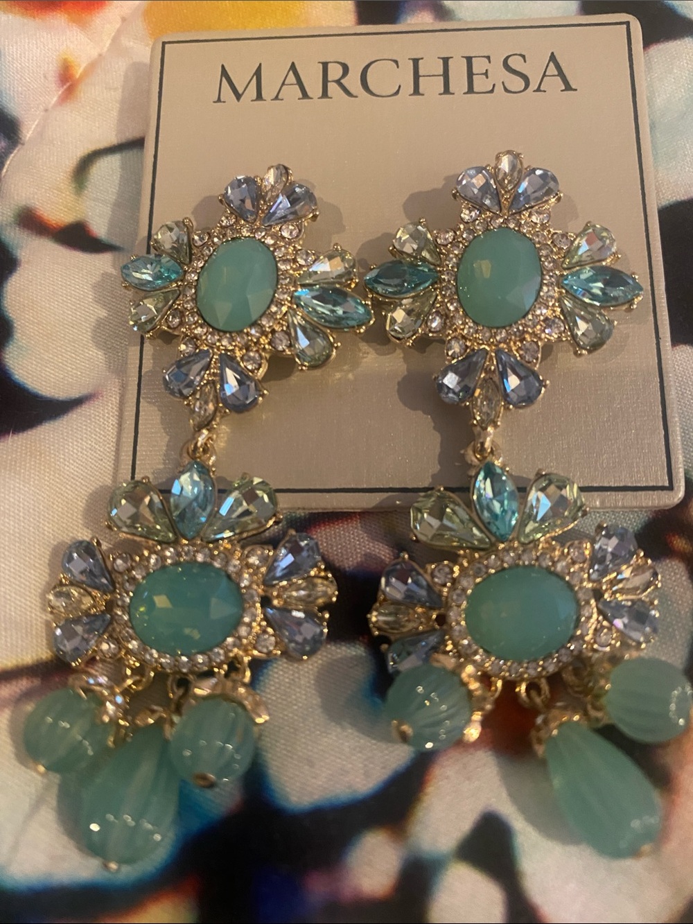 Marchesa Turquoise and Light Blue Crystal Drop Earrings